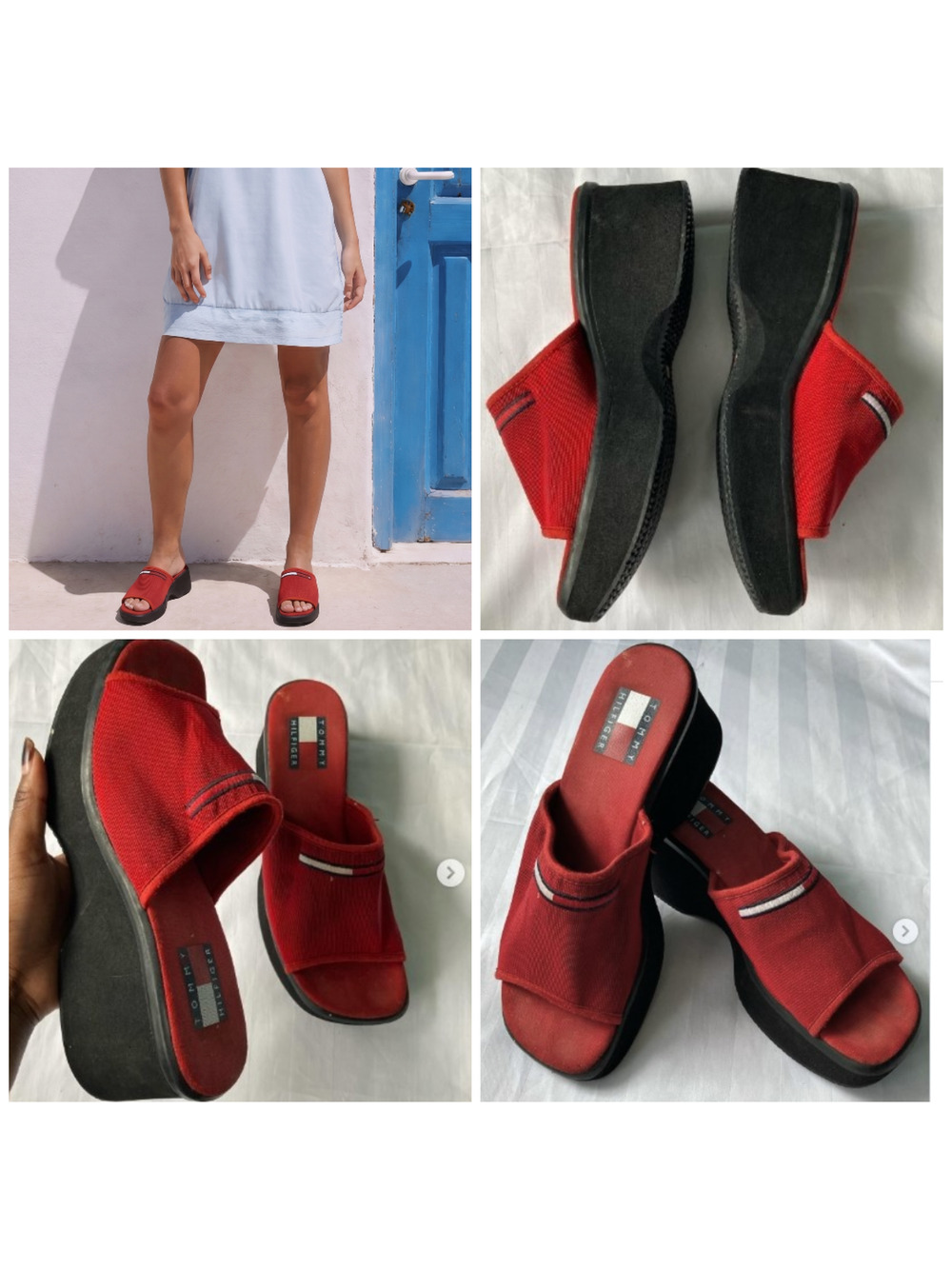 vtg 90s Tommy Hilfiger Platform Sandal 6.5 Red Black Slide Chunky Y2k Baddie R&B